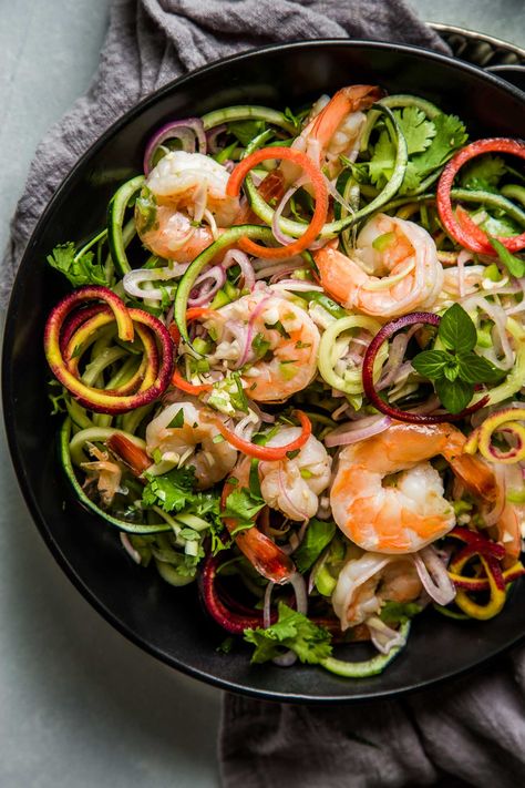 This Thai Shrimp Salad is tangy, spicy & amazingly delicious. Serve it over spiralized cucumber for a light & refreshing dinner. Thai Prawn Salad, Spiralized Cucumber, Shrimp Thai, Refreshing Dinner, Thai Shrimp Salad, Frozen Cooked Shrimp, Thai Salad Recipes, Sea Food Salad Recipes, Prawn Salad