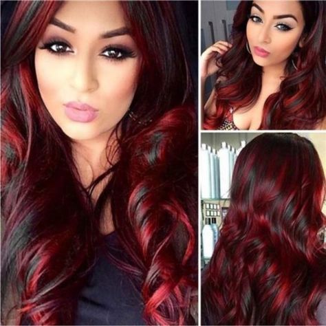 Questions? Leave A Comment Below! Wig Highlights, Long Wavy Wig, Red Wig, Wavy Wig, Red Wigs, Burgundy Hair, Hair Color And Cut, Middle Part, Party Hairstyles