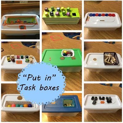 Little Miss Kimberly Ann: "Put in" task boxes. Love these, so simple! Montessori, Busy Work For Preschoolers, Put In Activities, Dollar Tree Task Boxes, Put In Task Boxes, Task Boxes Preschool, Teacch Activities, Teacch Tasks, Vocational Tasks