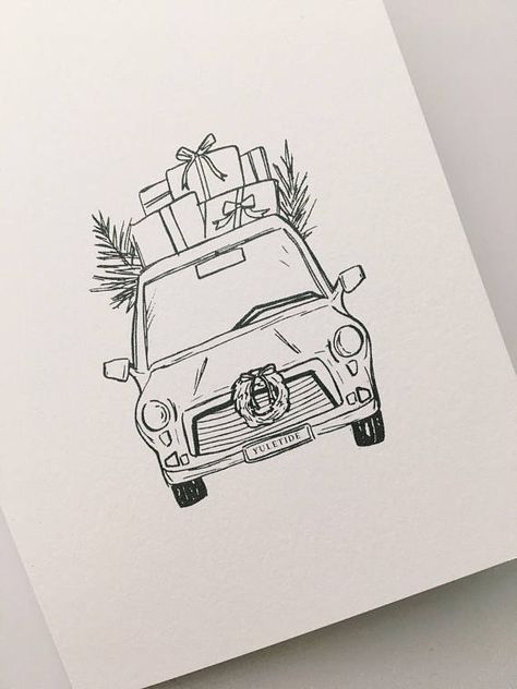 Xmas Drawing, Christmas Sketch, Winter Drawings, Doodle Art Journals, Christmas Card Art, Christmas Doodles, Christmas Car, Christmas Drawing, Sketches Easy