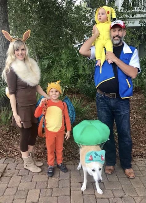 Family group Halloween costume: Eevee, Charizard, Bulbasaur, Pikachu, and Ash Ketchum Pokemon Halloween Costume Diy, Diy Pokemon Costume For Women, Eve Pokemon Costume, Family Costume Pokemon, Pikachu Family Costume, Evee Pokemon Halloween Costume, Charizard Halloween Costume, Eevee Costume Women, Eevee Halloween Costume