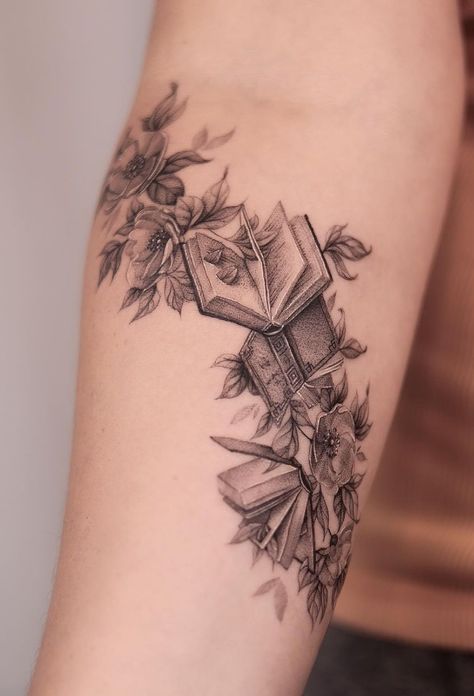 Book Tattoo With Quote, Book Rib Tattoo, Book Ish Tattoos, Bookish Tattoos Sleeve, Books Flowers Tattoo, Planning A Sleeve Tattoo, Book Back Tattoo, Cool Book Tattoos, Book Flowers Tattoo