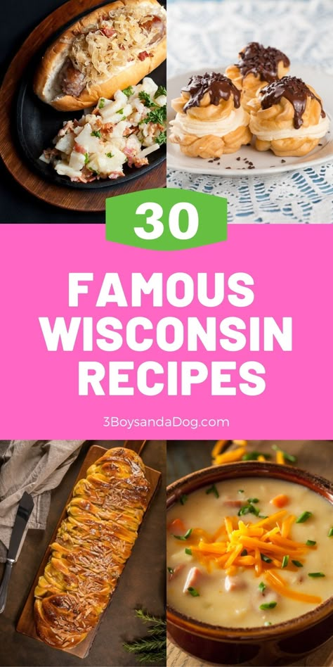 Famous Wisconsin Recipes include bratwurst, cream puffs, Limburger sandwiches, Swedish pancakes, Danish kringle, and beer cheese soup. #wisconsinfamousfoods #eatwisconsindishes #3boysandadog Wisconsin Recipes Comfort Foods, Wisconsin Dinner Recipes, Wisconsin Appetizers, Wisconsin Supper Club Recipes, Wisconsin Fairy Food, Wisconsin Food Traditional, Wisconsin Food Recipes, Colorado Food Recipes, Cooking For Two Recipes