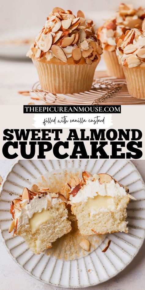 Almond cupcakes are soft and tender, filled with vanilla custard and topped with a silky, melt-in-your-mouth German buttercream. Almond Joy Cupcakes, German Buttercream, Vanilla Pastry Cream, Almond Cupcakes, Cupcakes Filled, German Desserts, Easter Desserts Recipes, Gourmet Cupcakes, Delicious Thanksgiving