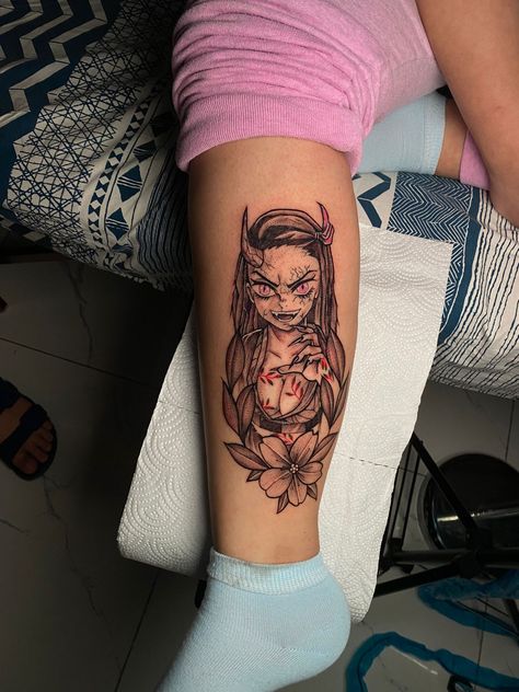 Nezuko Demon Tattoo Design, Women Anime Tattoos, Nezuko Eyes Tattoo, Anime Tattoo Ideas For Women, Demon Slayer Tattoo Stencil, Daki Demon Slayer Tattoo, Anime Tattoo Women, Anime Sleeve Tattoos For Women, Leg Tattoos Anime