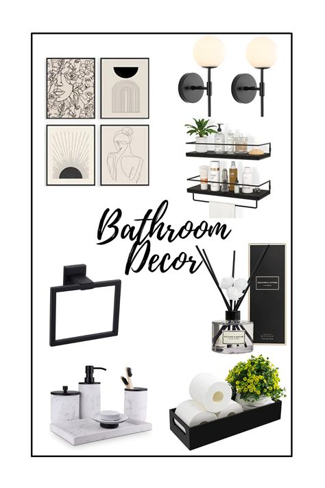 bathroom decor, organization, ideas, storage, modern decor, black decor Black And White Art For Bathroom, Black White And Gray Bathroom, Black And Gold Bathroom Decor Ideas, Black And White Restroom, Guest Bathroom Decor Ideas, Amazon Bathroom Decor, Neutral Bathroom Decor, Decor Organization Ideas, Aesthetic Home Decor Ideas