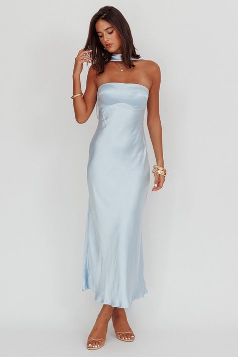 Damsel Reverse Halter Maxi Dress Baby Blue by Selfie Leslie A Line Slip Dress, Long Dresses Silk, Graduation Dress Light Blue, Light Blue Backless Dress, Halterneck Bridesmaid Dresses, Bridesmaid Dress Light Blue, Selfie Leslie Dresses, Bridal Guest Dresses, Blue Prom Dress Simple