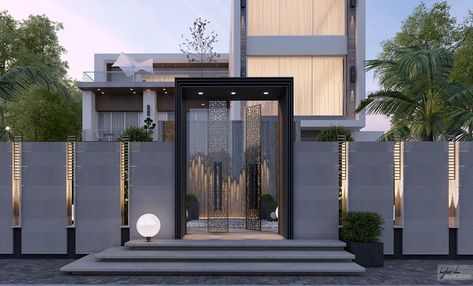 Villa entrance on Behance Modern Courtyard Entrance, House Fencing Design, Front Gate And Fence Ideas, Villa Compound Wall Design, Estate Entrance Design, Villa Fence Design, Fence Entrance Ideas, Boundry Wall Design Modern Exterior, Entrance Gates Design Architecture