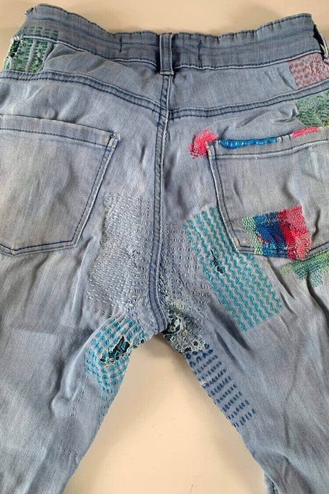 3 ways to repair the crotch of your jeans #visiblemending #JeansRepair #MendingJeans #DenimRepair Repaired Jeans, Repairing Jeans, Fixing Rips In Jeans, Mend Holes In Jeans, Jeans Repair, Repairing Ripped Jeans, Mending Jeans Crotch Ideas, Jean Rip Repair, Repair Jeans Crotch