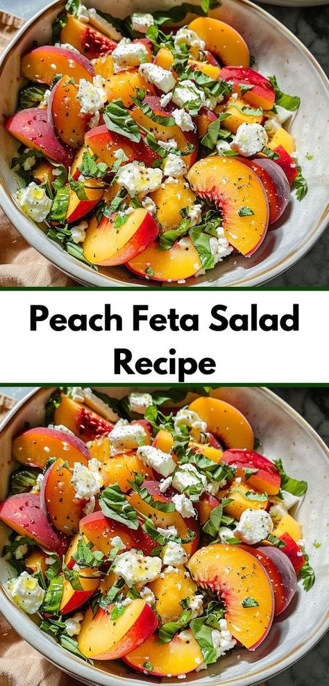 Want a refreshing peach salad recipe? Our Simple Peach Feta Salad blends juicy peaches with creamy feta. Among the top fresh peach recipes, this salad is a must-try for easy, delicious salad ideas. Peach Raspberry Salad, Peaches Salad Recipes, Vegan Peach Salad, Fall Peach Salad, Peach Salad With Chicken, Salad With Peaches And Feta, Peach And Feta Salad, Salad Recipes With Peaches, Best Side Salad Recipes