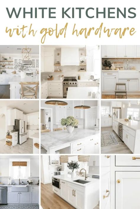 Elevate your kitchen style with these 10+ gorgeous white kitchens adorned with elegant gold hardware accents. Discover the perfect blend of timeless sophistication and modern flair. Get inspired for your dream kitchen makeover! White Cabinets Gold Hardware Kitchen, Kitchens With Gold Hardware, Kitchen Countertops Colors, Kitchen Hardware White Cabinets, White And Brass Kitchen, Gold Kitchen Hardware, Gorgeous White Kitchen, Brass Kitchen Hardware, White Kitchen Inspiration