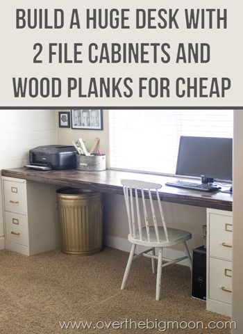 How to build a huge desk with 2 file cabinets and cheap pine wood planks! Full Pictorial. Office Desk Organization, Diy File Cabinet, Trendy Desks, Diy Office Organization, Diy Office Desk, Cool Office Desk, Office Space Inspiration, Sewing Room Furniture, File Cabinet Desk