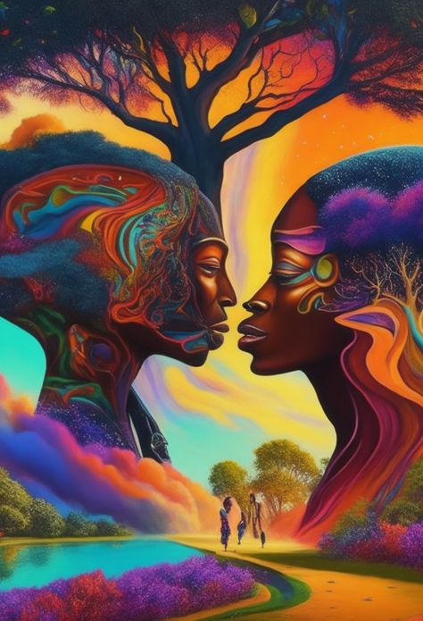 In this stunning Afrocentric Art painting, two people fall in love amidst the vibrant colors of a park. The piece captures the joy and beauty of Black love in a unique and captivating way. Adorn your walls with this masterpiece to add warmth and charm to your home. Let this artwork inspire you to embrace love wherever you find it! Share this pin to spread the beauty of Afrocentric art. Painting Two People, Afro Futurism Art, Black Art Painting Abstract, Contemporary Mixed Media Art, Black Love Artwork, Afro Futurism, Black Power Art, Futurism Art, Black Kings