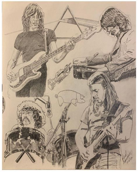 Pink Floyd Sketch, Pink Floyd Art Drawings, Pink Floyd Drawing Ideas, Pink Floyd Drawing, Pink Floyd Aesthetic, Pink Floyd Fan Art, Band Drawing, Pink Floyd Members, Pink Floyd Art