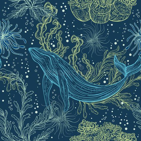 Seamless Pattern with Whale, Marine Plants and Seaweeds. Stock Vector - Illustration of group, coral: 75324659 Underwater Drawing, Marine Life Art, Underwater Plants, Marine Plants, Whale Illustration, Sea Illustration, Sea Plants, Marine Art, Fish Drawings