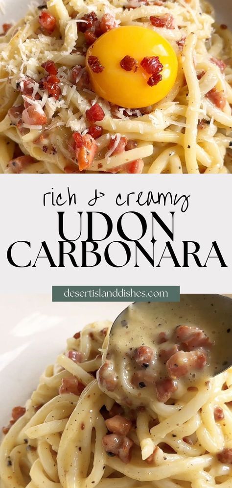 Carbonara Udon Recipe, Udon Pasta Recipe, Udon Carbonara Recipe, Fusion Cuisine Recipes, Creamy Udon Recipe, Udon Noodle Dishes, Japanese Pasta Recipe, Creamy Udon Noodles, Homemade Udon Noodles