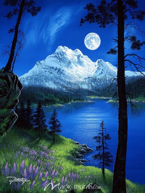 Inspiration Bay Wallpaper Wall Mural by Magic Murals Pink Canvas Art, Easy Landscape Paintings, Moonlight Painting, Murals Wallpaper, Canvas Art Projects, Lake Painting, Landscape Art Painting, Wallpaper Murals, Nature Art Painting