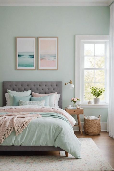 Light Mint Bedroom, Light Turquoise Bedroom Walls, Grey And Mint Bedroom, Sage Green And Dusty Blue Bedroom, Mint Bedroom Walls, Mint Bedroom Ideas, Modern White Bedroom Ideas, Girls Bedroom Green, Blue Green Bedrooms