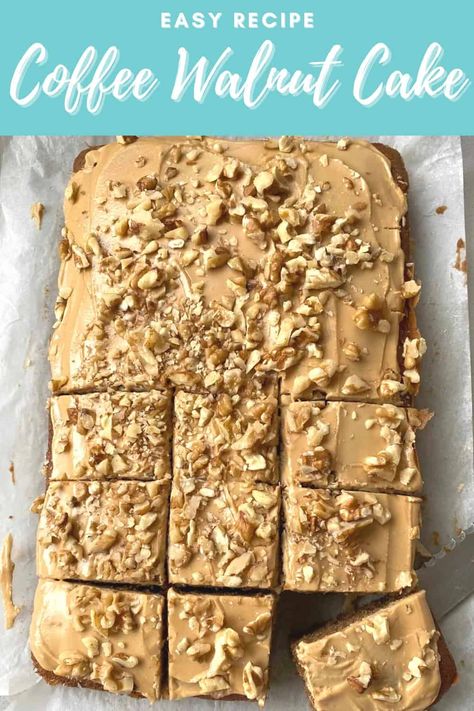 Pinterest image of a sliced traybake saying Coffee Walnut Cake Flavoured Icing, Butter Sponge Cake, Coffee Walnut Cake, Chocolate Traybake, Walnut Cake Recipe, Traybake Cake, Coffee Icing, Coffee And Walnut Cake, Coffee Cake Recipes Easy