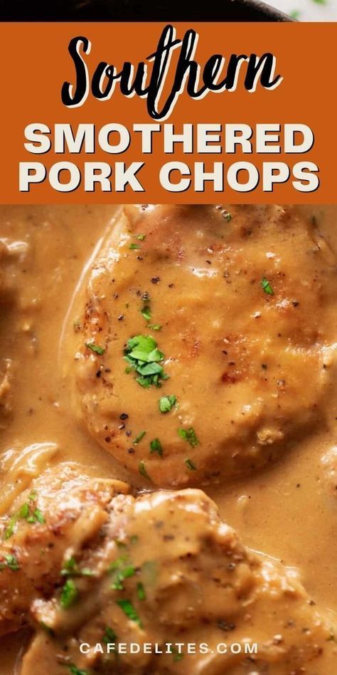 Southern Smothered Pork Chops is a delicious and easy dinner recipe perfect for any night of the week. A Southern classic comfort food, crispy coated pork chops smothered in a rich onion gravy makes this a feast you will keep coming back to! The best way to eat a chop is with sauce, and this recipe has plenty of gravy. Easy Pork Chop Meals For Dinner, Pork Chops Gravy Easy, Gravy Recipe For Pork Chops, How To Make Smothered Pork Chops, Stuffed Pork Chops Baked In Oven With Gravy, Pounded Pork Chop Recipes, Country Style Pork Chops, Southern Meat Recipes, Southern Pork Chops And Gravy