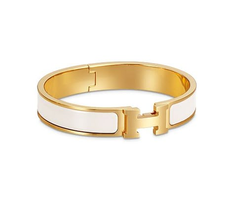 Clic H Hermes narrow bracelet White enamel<br />Gold plated hardware, 2.25" diameter, 7.5" circumference, 0.5" wide Hermes Bracelet White, Swan Aesthetic, Lifestyle Moodboard, Unrealistic Wishlist, Hermes Bracelet, Bracelet Luxury, Luxe Jewelry, Enamel Bangle, White Swan