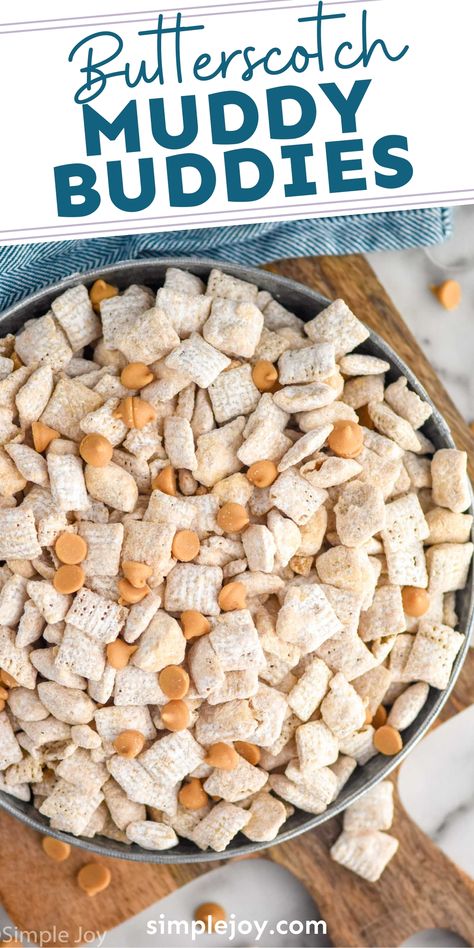 Butterscotch Muddy Buddies are a simple twist on your favorite puppy chow treat! If you love the flavor of butterscotch, these are going to be your new favorite party snack. Puppy Chow With Butterscotch Chips, Spring Puppy Chow, Butterscotch Muddy Buddies, Cinnamon Puppy Chow, Lemon Muddy Buddy Recipe, Autumn Puppy Chow, Butterscotch Puppy Chow, White Chocolate Muddy Buddies, Puppy Chow Thanksgiving