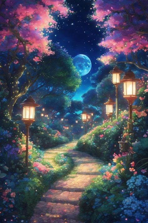 Enchanted Moonlit Garden Check more: https://paintlyx.com/enchanted-moonlit-garden/ Beautiful Gardens Magical, Book Cover Art Ideas, Soft Summer Palette, Garden Drawing, Mystical Places, Enchanted Garden, Beautiful Nature Scenes, Book Cover Art, Nature Scenes