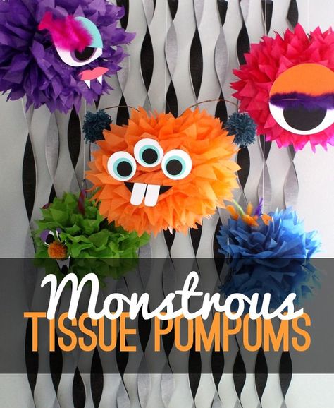 Monster Tissue Pom Poms - simple Halloween decoration. Would be great for Trunk or Treat! Little Monster Birthday, Monster 1st Birthdays, Tissue Pom Poms, Monster Birthday Parties, Monster Book Of Monsters, Monster Theme, Monster Birthday, Birthday Halloween Party, Theme Halloween