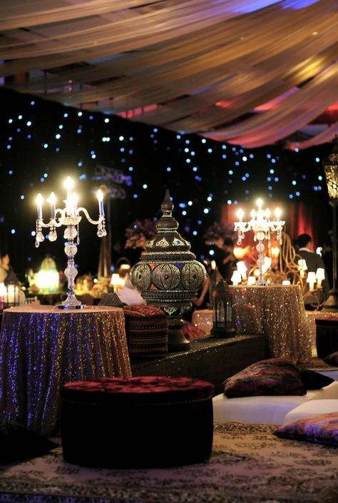 Arabian night wedding decoration | Project by STEVE'S DECOR http://www.bridestory.com/steves-decor/projects/arabian-night Arabian Nights Homecoming, Qawali Night Decor, Arabian Nights Wedding Theme, Arabian Theme Party, Aladdin Wedding Theme, Arabian Nights Prom, Arabian Nights Theme Party, Arabian Nights Wedding, Moroccan Theme Party