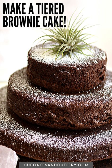 Looking for a fun cake idea? Make this tiered brownie cake! From scratch or a boxed brownie mix, this easy idea looks awesome and is great for brownie lovers. Make this for your next party! #brownies #browniecake #partyfood #cakeideas Brownies Birthday Cake Ideas, Party Brownies, Birthday Cake Brownies, Cake Mix Desserts, Birthday Party Desserts, Boozy Desserts, Delicious Brownies, Easy Cupcakes, Dump Cake Recipes