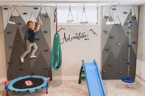 Active Kids Room, Cool Playroom, Active Playroom, Indoor Playroom, Adventure Wall, Basement Playroom, Boys Playroom, Indoor Gym, Kids Basement