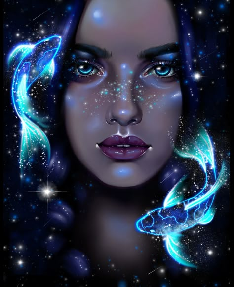 Evvi Art, Art Glow, Painting Space, Art Fish, Glowing Art, Astrology Art, Digital Portrait Art, Zodiac Art, Digital Art Illustration