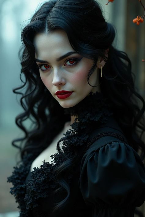 Royal Black Outfit, Gothic Models Dark Beauty, Voluminous Black Hair, Crimson Eyes, Witch Ideas, Vampire Hair, Vampire Woman, Crow Movie, Vampire Fashion