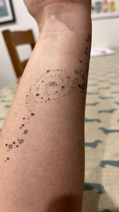 Stars And Sky Tattoo, Cloud Moon Stars Tattoo, Dainty Galaxy Tattoo, Star Dust Tattoo Design, Star Tatoos Arms, Space And Stars Tattoo, Milky Way Tattoos, Galaxy Spine Tattoo, Celestial Neck Tattoo