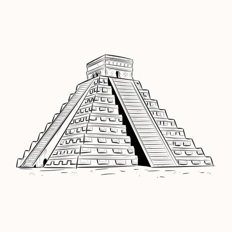 Mayan Pyramids Tattoos, Aztec And Mayan Art, Mayan Pyramid Drawing, Mayan Temple Art, Mayan Temple Tattoo, Aztec Temple Drawing, Aztec Pyramid Tattoo Design, Aztec Temple Tattoo, Aztec Pyramids Drawing