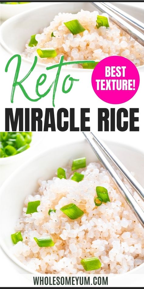 How To Make Shirataki Rice: Miracle Rice Recipe - The BEST way to cook shirataki rice (or miracle rice)! This shirataki rice recipe utilizes a special method for the best texture. #wholesomeyum Miracle Rice Recipes, Konjac Rice Recipes, Keto Rice Substitute, Miracle Rice Recipes Keto, Rice Substitute Low Carb, Miracle Noodle Recipe, Konjac Rice, Shirataki Noodle Recipes Keto, Garlic Butter Shirataki Noodles