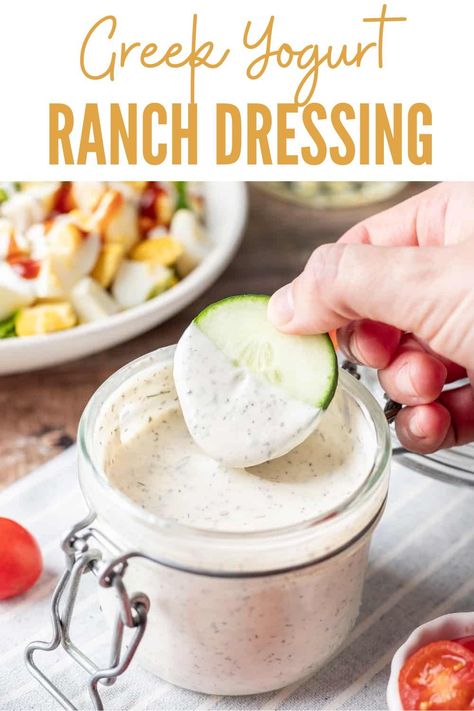 This homemade Greek Yogurt Ranch Dressing is going to be your go-to thick and creamy dressing for all of your dipping and drizzling needs. It's higher in protein and heart-healthy fats, making it a great, healthier option to keep in your fridge at all times. All you need are 8 simple ingredients! Greek Ranch Dressing, Homemade Ranch Dressing Greek Yogurt, Protein Ranch Dressing, Healthy Dressings, Healthy Veggie Dip, Greek Yogurt Ranch Dressing, Healthy Ranch Dressing, Yogurt Ranch, Yogurt Ranch Dressing