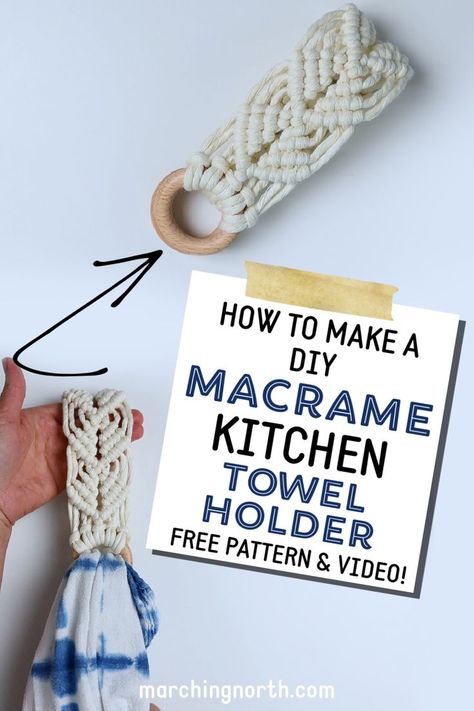 Learn how to make this cute and boho macrame kitchen towel holder with this step by step free pattern and video tutorial! It's perfect for the holidays, or all year round! | boho diy | free macrame patterns | easy macrame tutorial | macrame aesthetic Macrame Oven Towel Holder, Macrame Towel Ring Pattern, Home Made Macrame, How To Make A Hanging Kitchen Towel, Macrame Towel Ring Tutorial, Kitchen Towel Hangers, Macrame Hand Towel Holder Tutorial, Kitchen Towel Holder Macrame, Kitchen Towel Hanger Diy