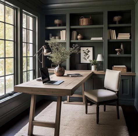 Dark Green Office, Green Home Offices, Organize Office Space, Elegant Home Office, Feminine Home Offices, Green Office, Small Home Office, Home Office Setup, Office Inspiration