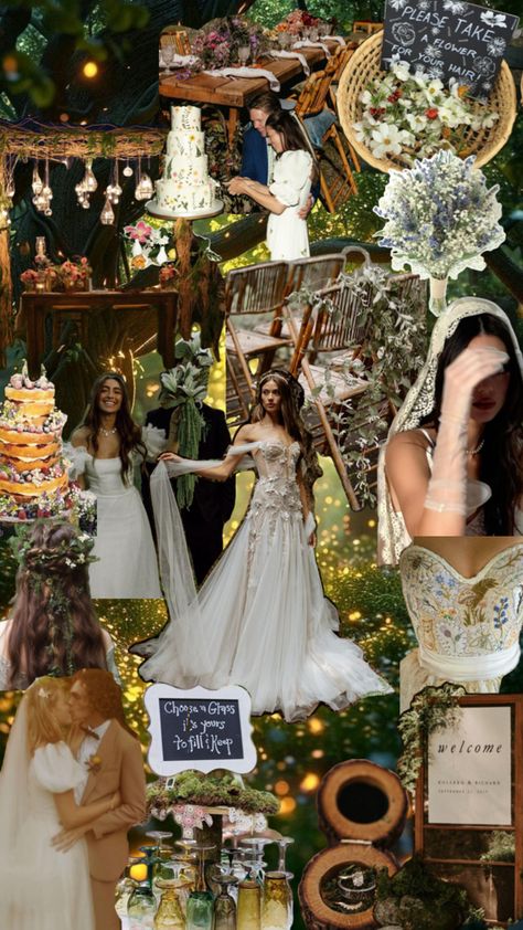 Wedding mood board forest woods forestcore fairycore nature collage Forest Princess Wedding, Cottage Fairy Wedding, Wedding Mood Board Collage, Colorful Enchanted Forest Wedding, Forest Wedding Mood Board, Forest Wedding Aesthetic Bridesmaids, Enchanted Forest Wedding Diy, Woodland Fairytale Wedding, Fairycore Wedding Decor