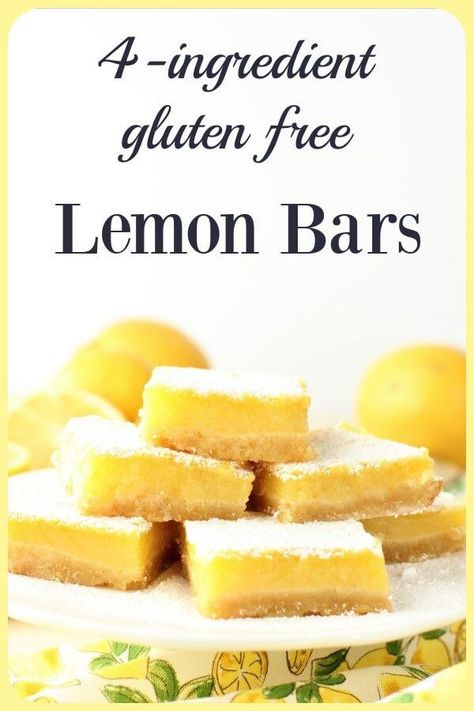 Lemon lovers, these are for you! These simple Gluten Free Lemon Bars are made with only 4 ingredients, yet they are delightfully tangy and loaded with intense lemon flavor. They are gluten free, but everyone will love them. #lemonbars #lemonsquares #glutenfreelemonbars #lemondesserts #lemons Dairy Free Lemon Bars, Gluten Free Lemon Desserts, Gluten Free Lemon Squares, Sugar Free Lemon Bars, Lemon Desserts Easy, Gluten Free Lemon Bars, Gluten Free Foods, Lemon Bars Easy, Gluten Free Scones