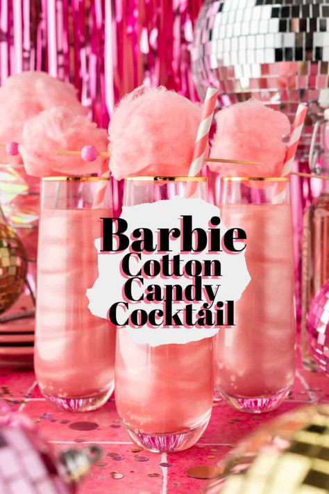 Hot Pink Barbie Drink Non Alcoholic, Cotton Candy Cocktail Vodka, Pink Drink With Cotton Candy, Barbie Drink Mocktail, Sparkly Cocktail Drink, Barbie Mixed Drink, Barbie Date Night, Barbie Inspired Alcohol Drinks, Barbie And Ken Drinks