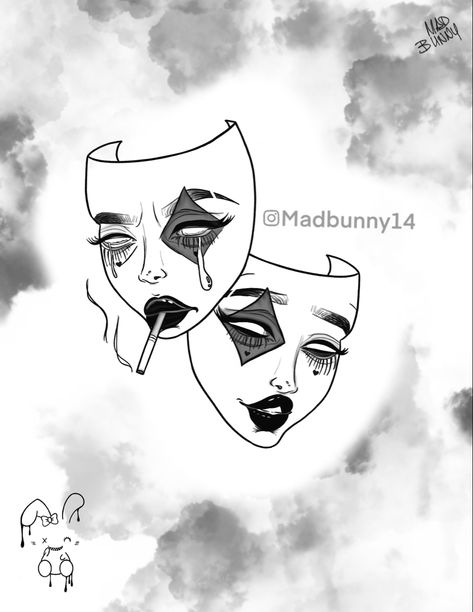 Beautiful Tragedy Comedy Mask Tattoo Design Two Masks Drawing, Masks Drawings Ideas, Comedy Drama Masks Tattoo, Drama Tattoo Mask, Theater Masks Tattoo, Drama Mask Drawing, Two Mask Tattoo, Theatre Masks Aesthetic, Two Masks Tattoo