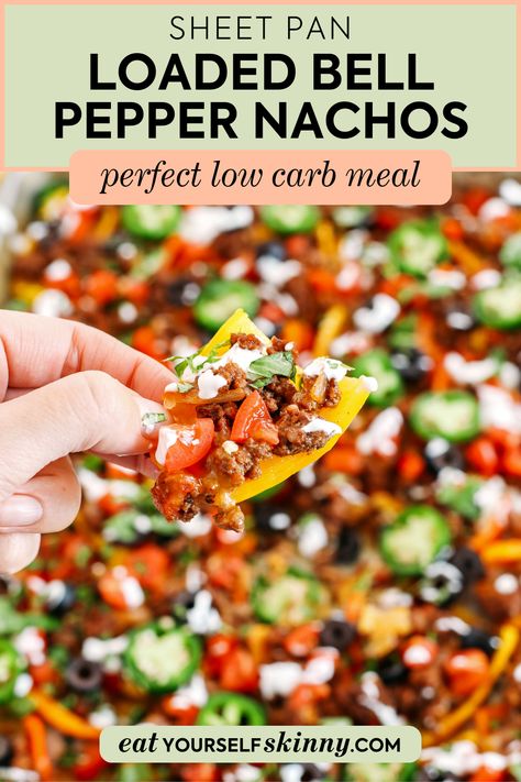 Sheet Pan Loaded Bell Pepper Nachos packed with all your favorite flavors and fun toppings making them the perfect low carb appetizer! Nachos Recipe Healthy, Air Fryer Bell Pepper Nachos, Bell Peppers Nachos, Sweet Pepper Nachos, Pepper Nachos Low Carb, Ground Turkey Nachos, Healthy Sheet Pan Nachos, Loaded Bell Pepper Nachos, Keto Nachos Bell Pepper