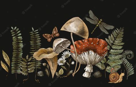 fern and mushroom botanical drawing - Yahoo Image Search Results Mushroom Background, Cottagecore Wallpaper, Fern Forest, Dragonfly Painting, Mushroom Paint, Mushroom Wallpaper, Facebook Cover Images, Forest Tattoos, Fb Cover Photos