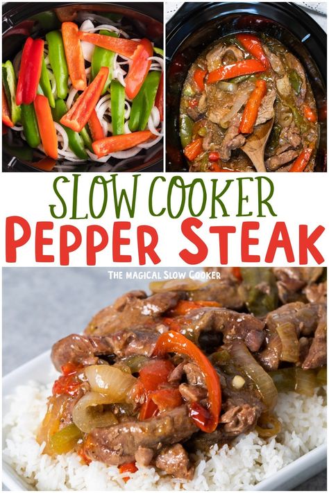 Slow Cooker Pepper Steak s full of tender steak, bell peppers and onions in a Chinese inspired sauce. Great over white or brown rice. #crockpot #slowcooker #peppersteak #beef #beefrecipes Best Pepper Steak Recipe Crock Pot, Green Pepper Steak Recipe Crock Pot, Slowcooker Peppersteak, Green Pepper Steak Recipe, Pepper Steak Crock Pot, Pepper Steak Recipe Crock Pot, Peper Steak, Slow Cooker Pepper Steak, Pepper Steak And Onions