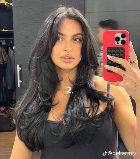 Black Gloss Hair Color, Long Black Hair With Layers Balayage, Layers And Angles Long Hair, Victoria Fuller Hair, V Shaped Haircut With Face Frame, Front Angles Medium Hair, Fivehead Hairstyles, Kayla Kosuga Hair, Medium Black Layered Hair