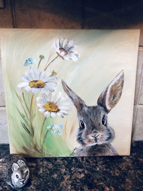 Rabbits Painting, Spring Bunny Painting, Bunny Painting Acrylic Tutorial, Acrylic Easter Paintings, Bunny Painting Ideas, Paintings Of Rabbits, Spring Painting Ideas On Canvas Acrylics, Spring Acrylic Painting Ideas, Bunny Acrylic Painting