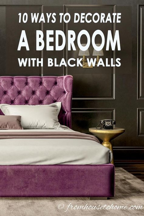 Love these decor ideas for black bedroom walls. Great inspiration for different color schemes, but I really love the ones with white trim and painted ceilings. #fromhousetohome #bedroom #bedroomideas #bedroomdecor #decorating #decoratingideas Black Bedroom Walls, Black Walls Bedroom, Dramatic Bedroom, Painted Ceilings, Black Bedroom Design, Black Bedroom Decor, Bookshelves In Bedroom, Black Rooms, Romantic Room