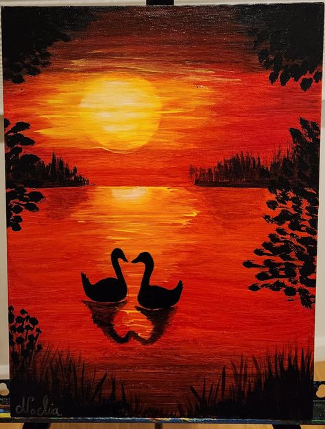 A beautiful painting of pure love. Swans represent love and devotion. Which you can see by this swan couple forming a heart with their shadows ♥️ it's a great small piece that would go perfect in any room. It's a 9x12 canvas board, which can easily be framed. To match any style. It has a gorgeous red, black and yellow color. You can interpret this piece as a sunset, twilight or moonlight scenery. This painting can be made to order, in any shape or size you need. Also in stretched canvas. 3 Color Canvas Painting, Acrylic Love Painting, Lovely Paintings, Paintings Representing Love, Romance Painting Easy, Canvas Painting Love, Romantic Easy Paintings, Paintings That Represent Love, Acrylic Scenery